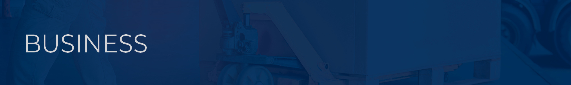 blue overlay business solutions banner with Workers Courier Using Hand Pallet Jack Unloading Package Boxes Pallet into Cargo Container. Delivery Shipment